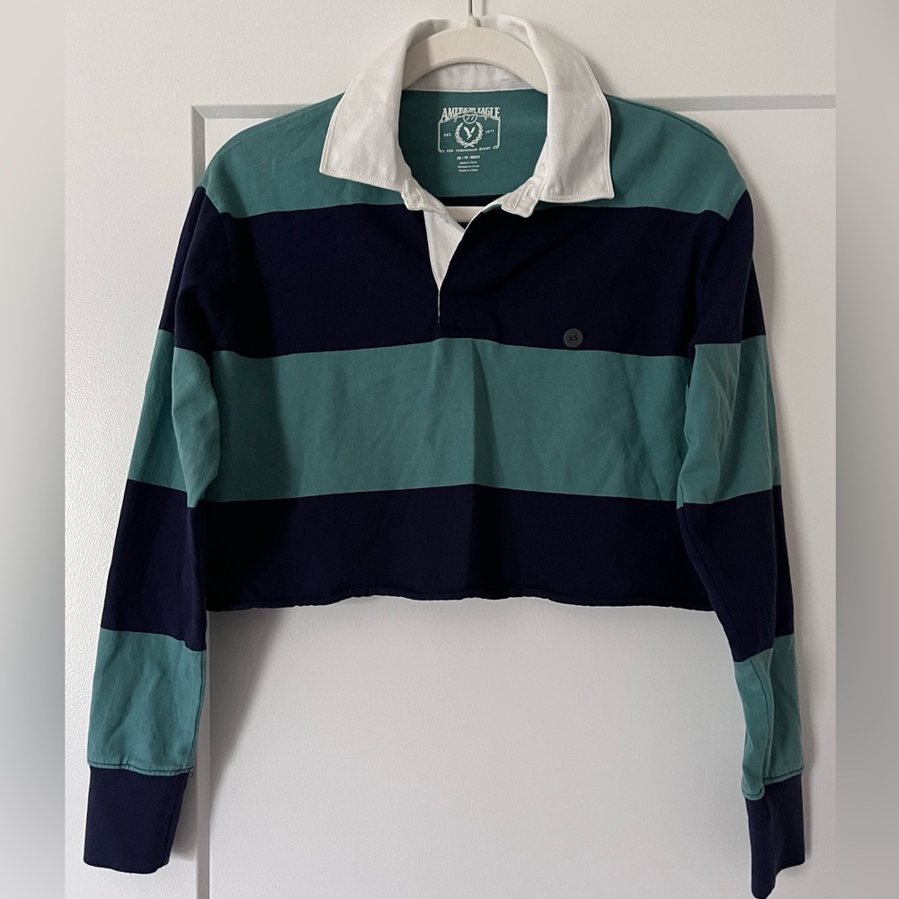 American Eagle Striped Cropped Rugby Shirt XS